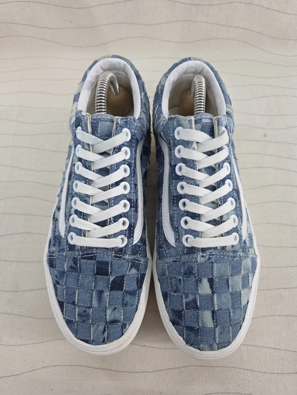 Vans Womens Old Skool Stackform Platform Blue Woven Denim Sneakers Shoes Sz 8.5